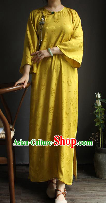 China National Women Clothing Classical Wide Sleeve Cheongsam Yellow Silk Qipao Dress