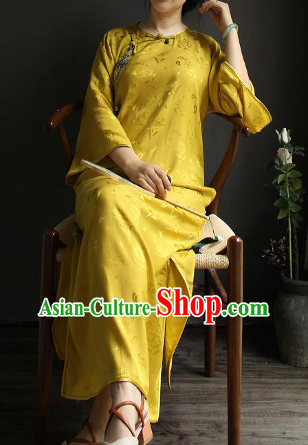 China National Women Clothing Classical Wide Sleeve Cheongsam Yellow Silk Qipao Dress