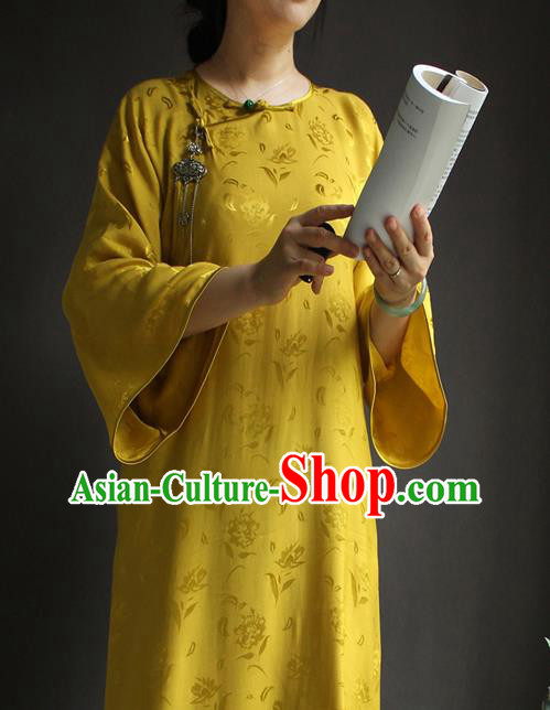 China National Women Clothing Classical Wide Sleeve Cheongsam Yellow Silk Qipao Dress