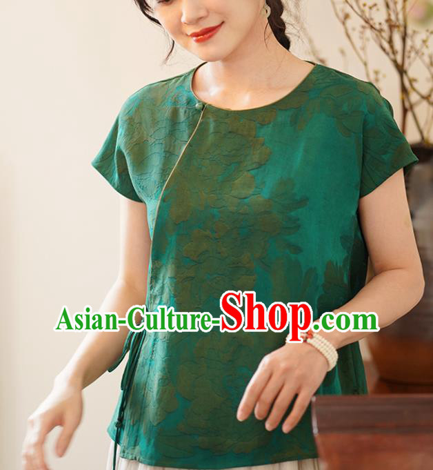 China Tang Suit Shirt National Women Clothing Classical Jacquard Green Silk Blouse