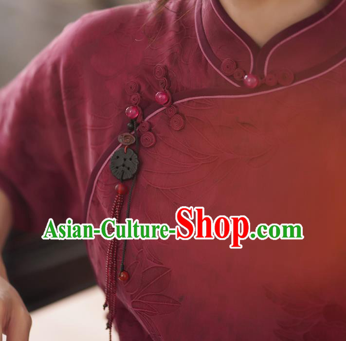 China National Cheongsam Classical Jacquard Wine Red Silk Qipao DressChina National Cheongsam Classical Jacquard Wine Red Silk Qipao Dress