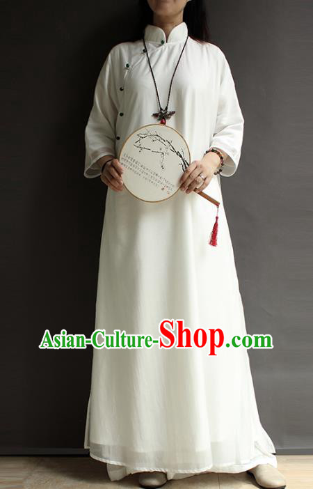 China Traditional Stand Collar Qipao Dress National Women Zen Clothing Classical White Cheongsam