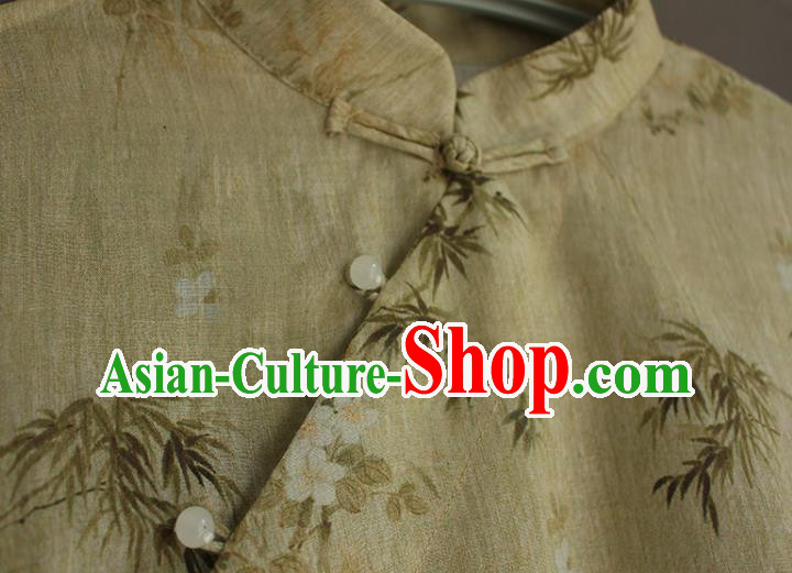 China Traditional Printing Beige Flax Qipao Dress National Women Clothing Classical Cheongsam