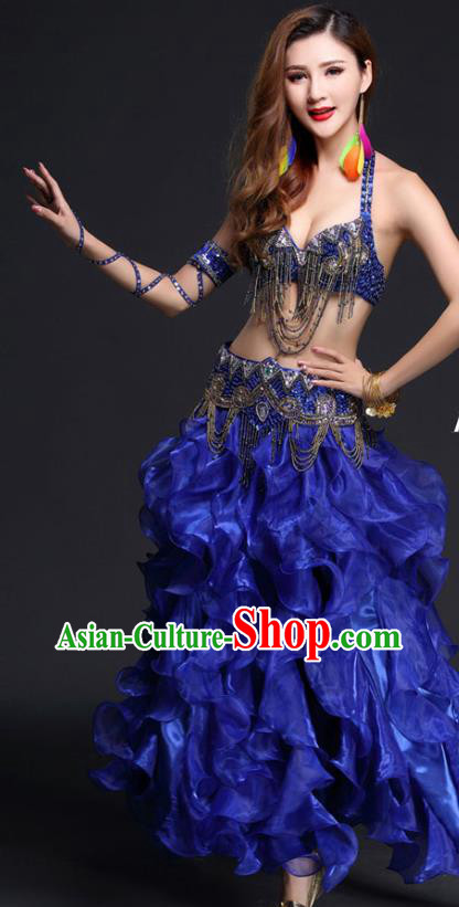 Asian India Dance Stage Performance Clothing Indian Traditional Belly Dance Beads Tassel Bra and Royalblue Skirt Outfits