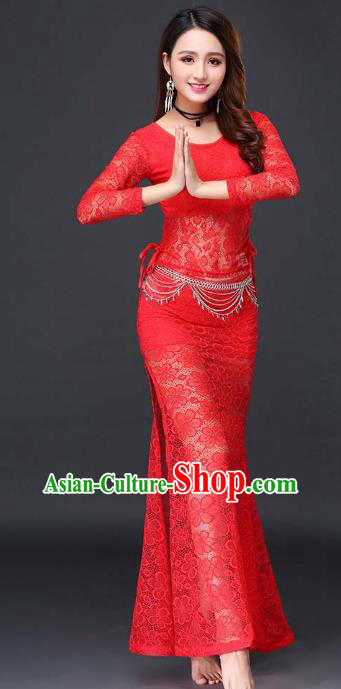 Indian Traditional Belly Dance Red Lace Uniforms Asian India Raks Sharki Blouse and Skirt Clothing