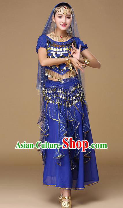 Indian Traditional Belly Dance Uniforms Asian India Dance Performance Royalblue Blouse and Skirt Clothing