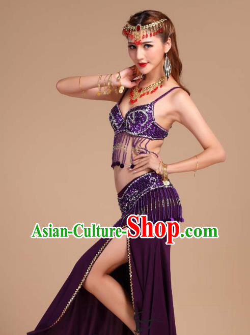 Indian Belly Dance Sequins Tassel Bra and Purple Skirt Uniforms Asian India Oriental Dance Competition Clothing