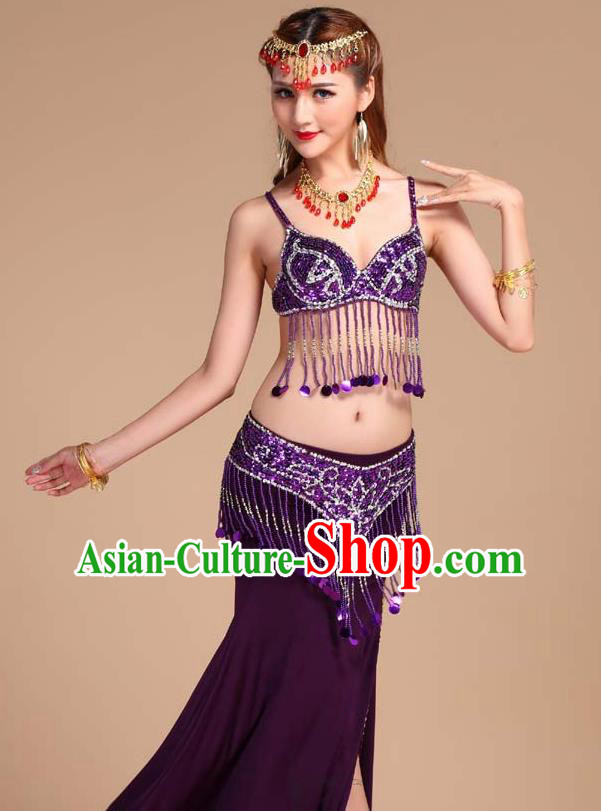 Indian Belly Dance Sequins Tassel Bra and Purple Skirt Uniforms Asian India Oriental Dance Competition Clothing