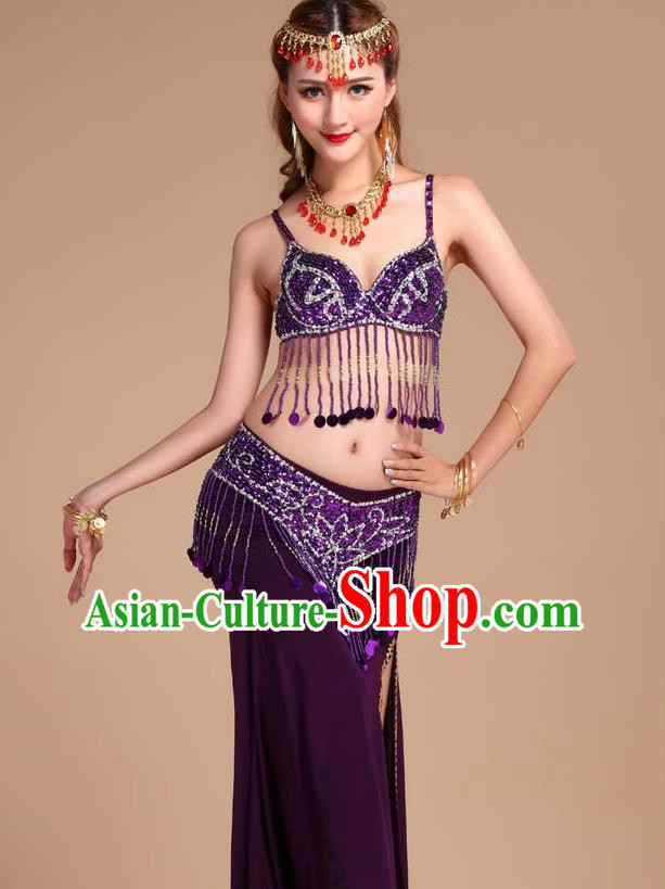 Indian Belly Dance Sequins Tassel Bra and Purple Skirt Uniforms Asian India Oriental Dance Competition Clothing