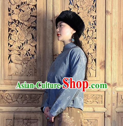 China National Women Clothing Tang Suit Grey Silk Shirt Classical Slant Opening Blouse