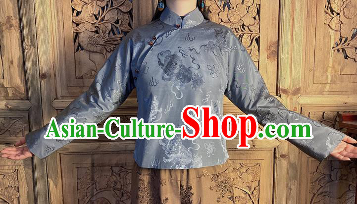 China National Women Clothing Tang Suit Grey Silk Shirt Classical Slant Opening Blouse