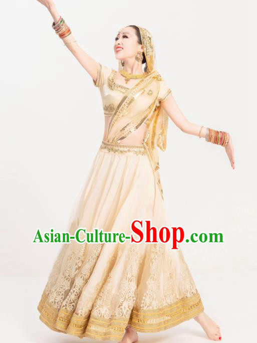 Indian Bollywood Dance Golden Dress Asian India Stage Performance Lehenga Costumes