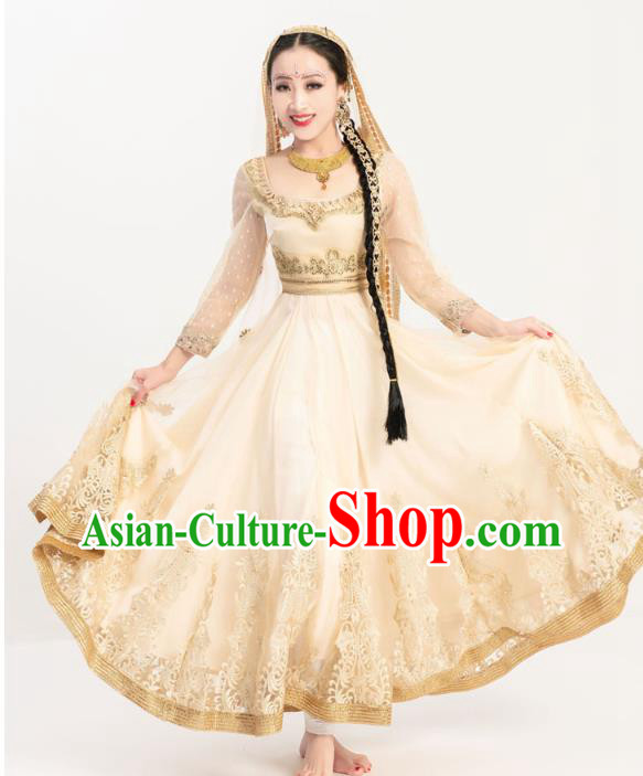 Indian Bollywood Performance Golden Anarkali Dress Asian India Court Princess Embroidered Costumes