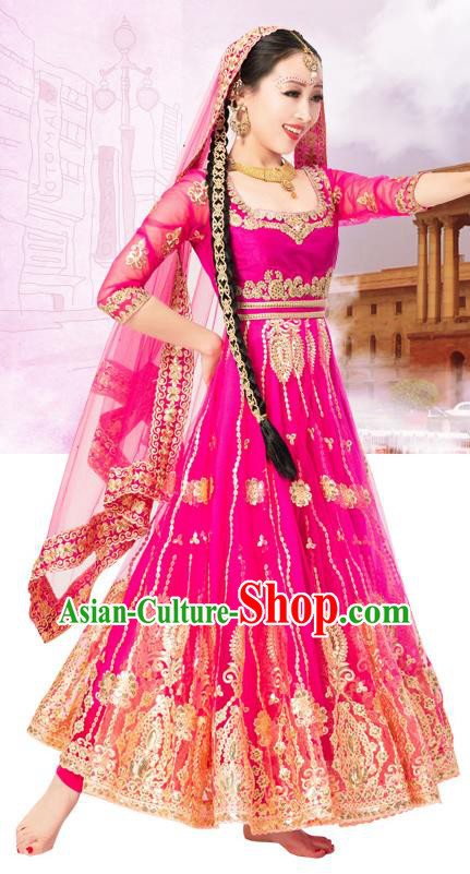 Asian India Court Princess Dance Costumes Indian Bollywood Performance Embroidered Rosy Anarkali Dress