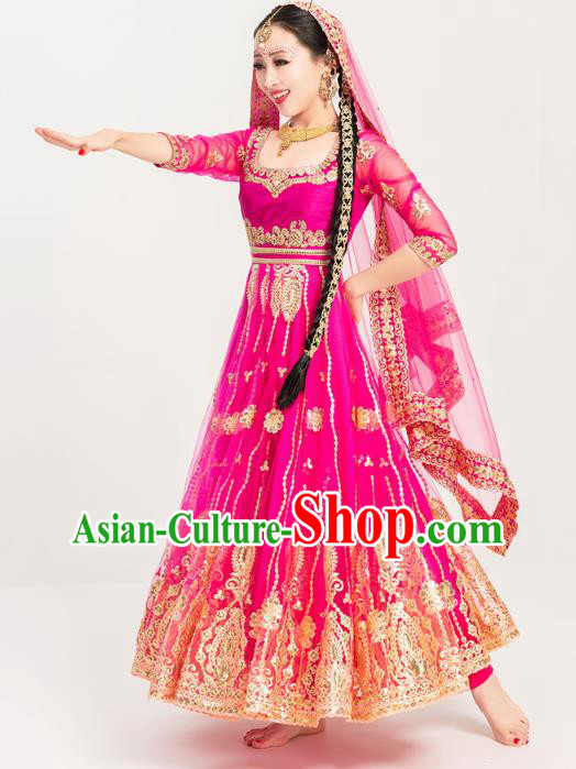 Asian India Court Princess Dance Costumes Indian Bollywood Performance Embroidered Rosy Anarkali Dress