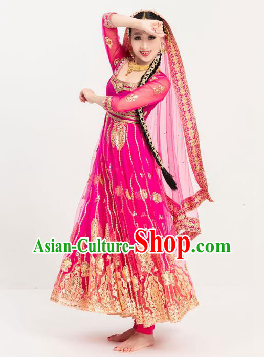 Asian India Court Princess Dance Costumes Indian Bollywood Performance Embroidered Rosy Anarkali Dress