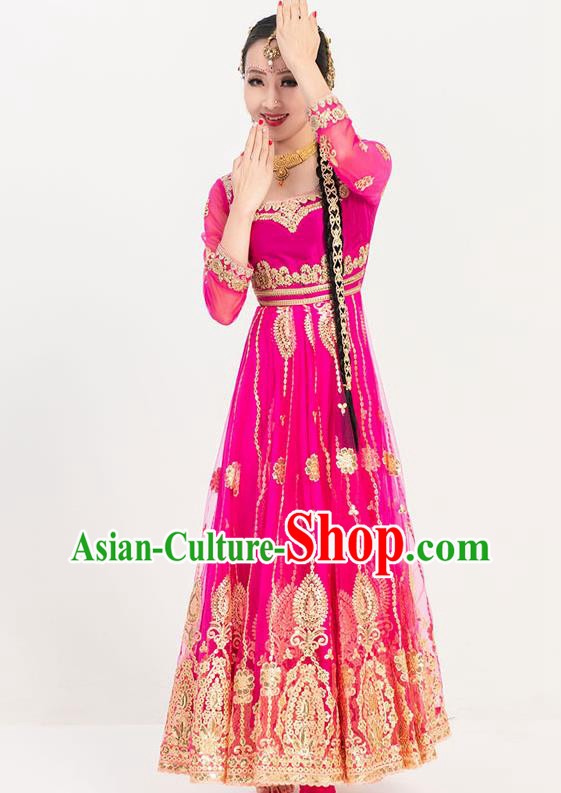 Asian India Court Princess Dance Costumes Indian Bollywood Performance Embroidered Rosy Anarkali Dress