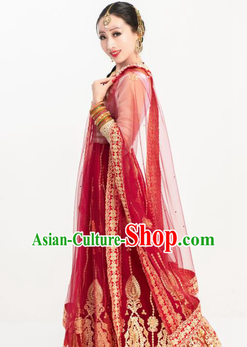 Indian Bollywood Performance Wine Red Anarkali Dress Asian India Folk Dance Embroidered Costumes