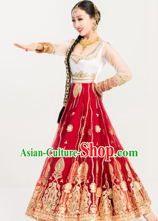 Indian Bollywood Performance Wine Red Anarkali Dress Asian India Folk Dance Embroidered Costumes