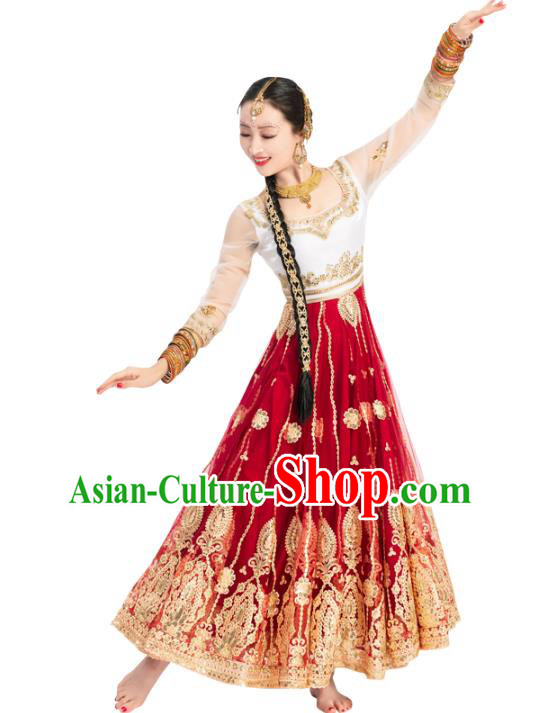 Indian Bollywood Performance Wine Red Anarkali Dress Asian India Folk Dance Embroidered Costumes