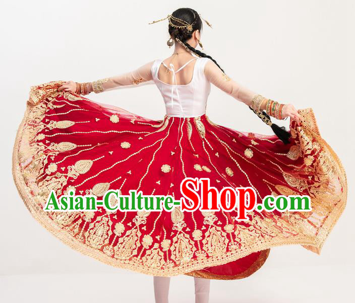 Indian Bollywood Performance Wine Red Anarkali Dress Asian India Folk Dance Embroidered Costumes