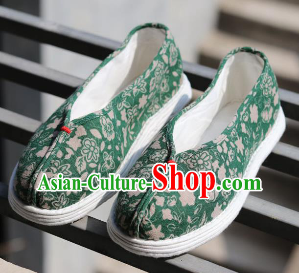 China National Country Woman Shoes Handmade Printing Flowers Green Flax Shoes