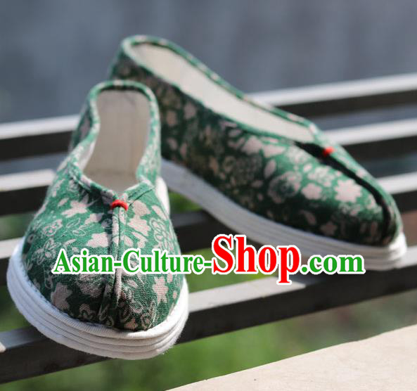 China National Country Woman Shoes Handmade Printing Flowers Green Flax Shoes