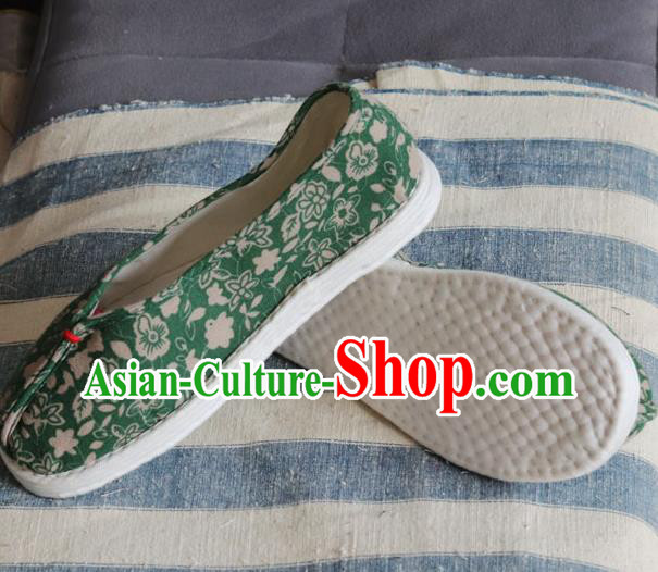 China National Country Woman Shoes Handmade Printing Flowers Green Flax Shoes