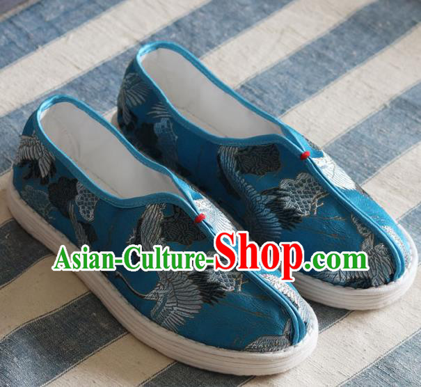 China Handmade Cloth Shoes National Woman Classical Cranes Pattern Blue Shoes