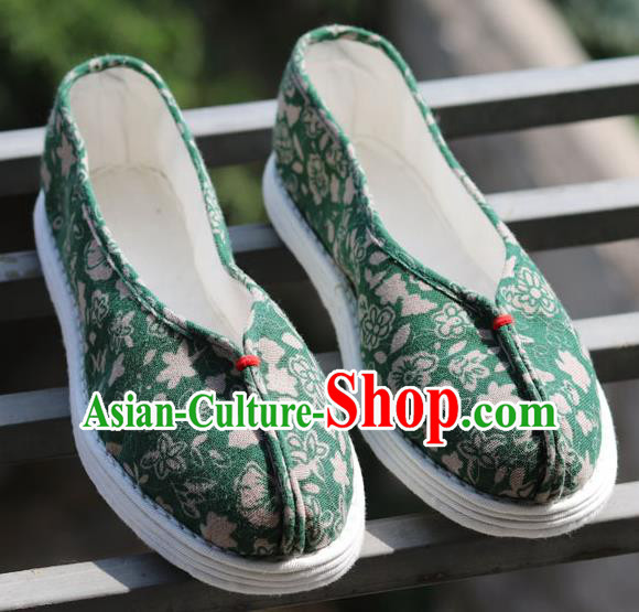 China National Country Woman Shoes Handmade Printing Flowers Green Flax Shoes