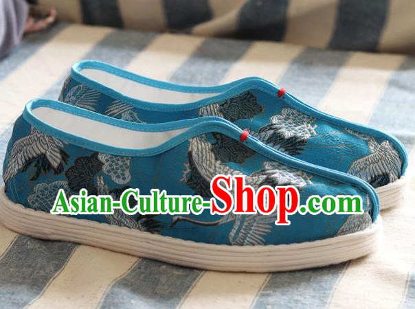 China Handmade Cloth Shoes National Woman Classical Cranes Pattern Blue Shoes