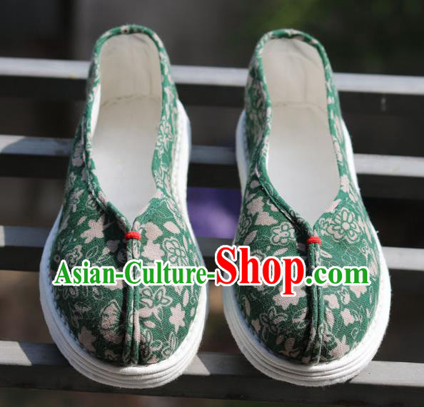 China National Country Woman Shoes Handmade Printing Flowers Green Flax Shoes