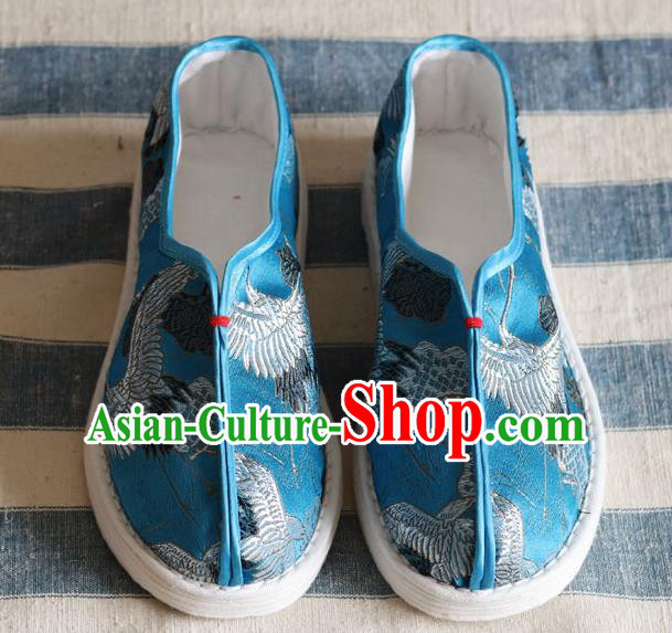 China Handmade Cloth Shoes National Woman Classical Cranes Pattern Blue Shoes