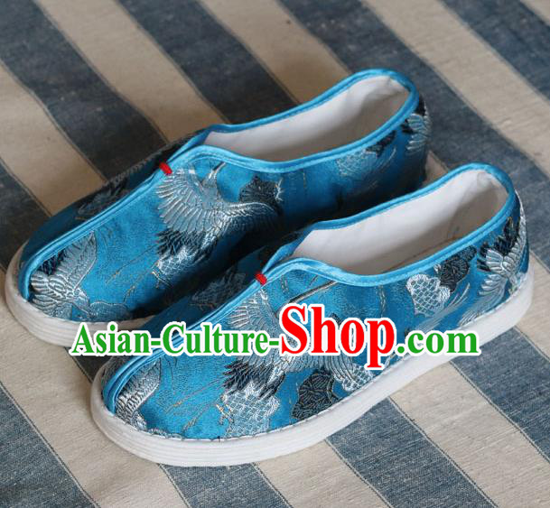 China Handmade Cloth Shoes National Woman Classical Cranes Pattern Blue Shoes