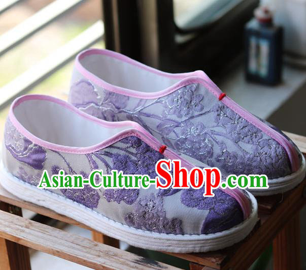 China National Folk Dance Shoes Handmade Multi Layered Lilac Cloth Shoes