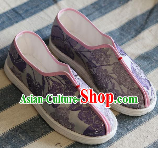 China National Folk Dance Shoes Handmade Multi Layered Lilac Cloth Shoes