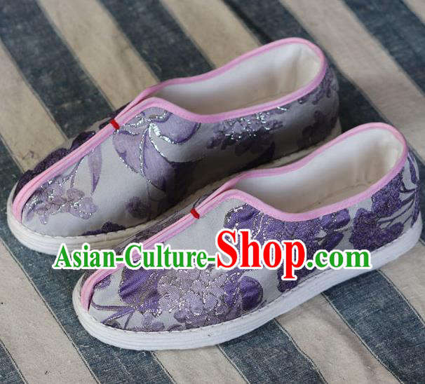 China National Folk Dance Shoes Handmade Multi Layered Lilac Cloth Shoes