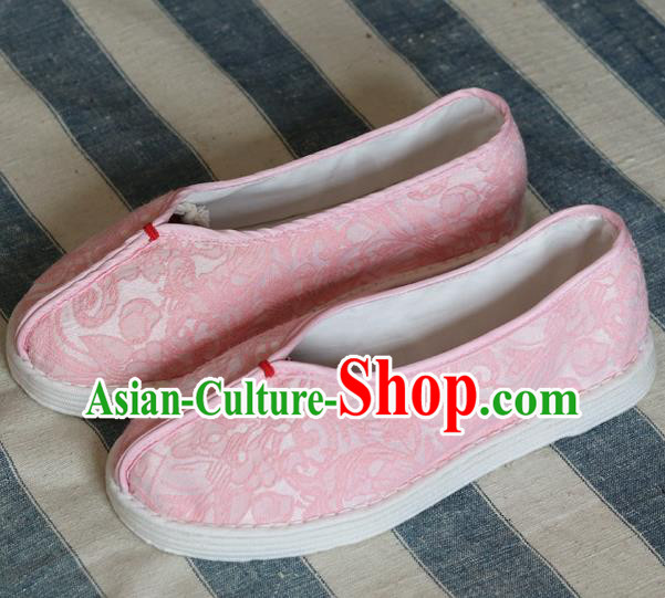 China Handmade Jacquard Pink Cloth Shoes National Woman Folk Dance Shoes