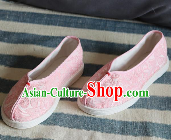 China Handmade Jacquard Pink Cloth Shoes National Woman Folk Dance Shoes