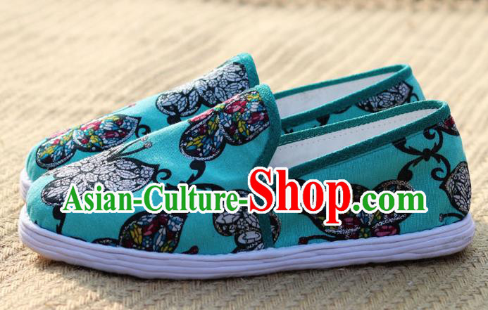 China Handmade Layered Cotton Sole Shoes National Woman Printing Butterfly Green Flax Shoes