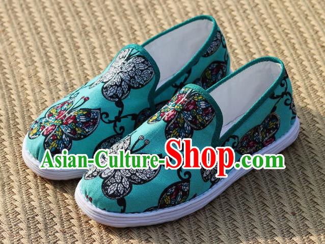 China Handmade Layered Cotton Sole Shoes National Woman Printing Butterfly Green Flax Shoes