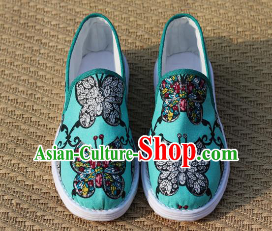 China Handmade Layered Cotton Sole Shoes National Woman Printing Butterfly Green Flax Shoes