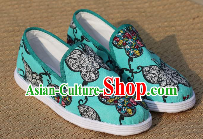 China Handmade Layered Cotton Sole Shoes National Woman Printing Butterfly Green Flax Shoes