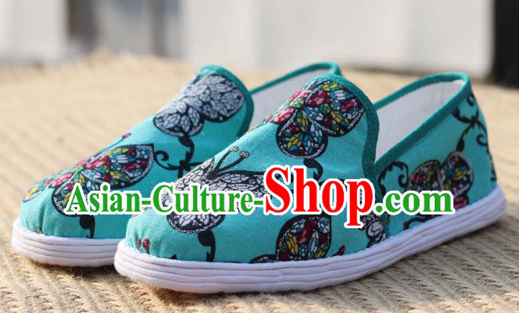 China Handmade Layered Cotton Sole Shoes National Woman Printing Butterfly Green Flax Shoes