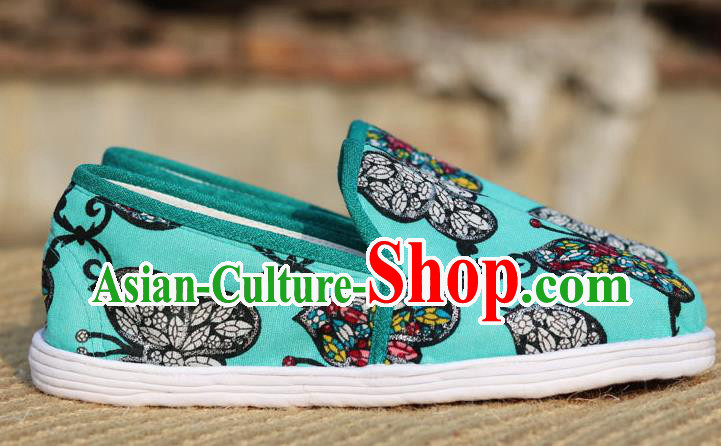 China Handmade Layered Cotton Sole Shoes National Woman Printing Butterfly Green Flax Shoes