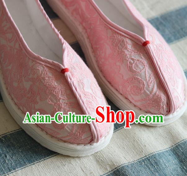 China Handmade Jacquard Pink Cloth Shoes National Woman Folk Dance Shoes