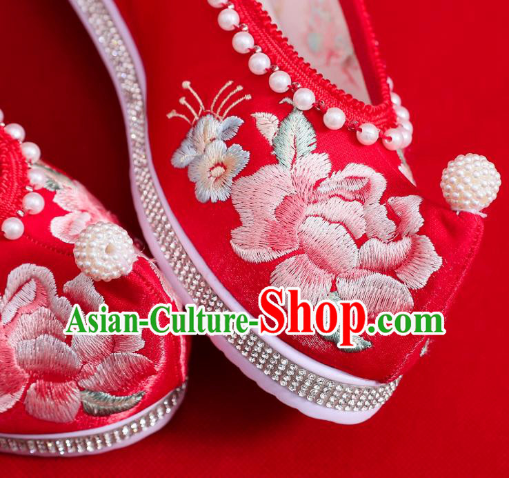 China Traditional Hanfu Pearls Shoes Handmade Wedding Red Satin Shoes National Embroidered Peony Shoes