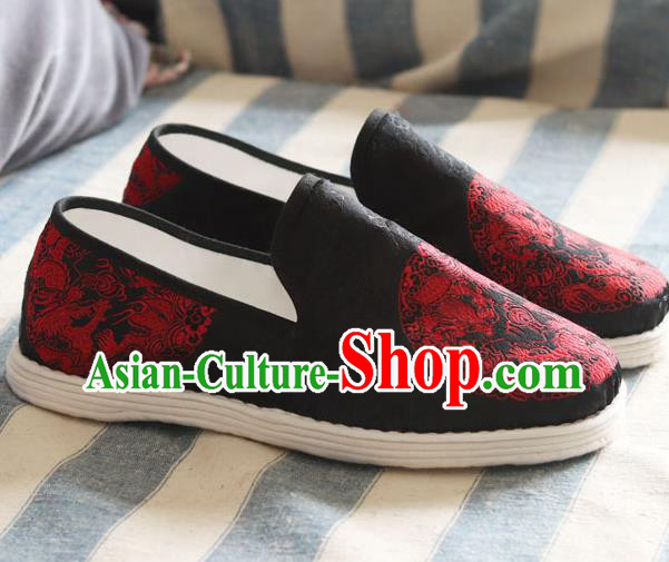 Chinese Traditional Martial Arts Black Satin Shoes Handmade Embroidered Dragons Shoes for Men