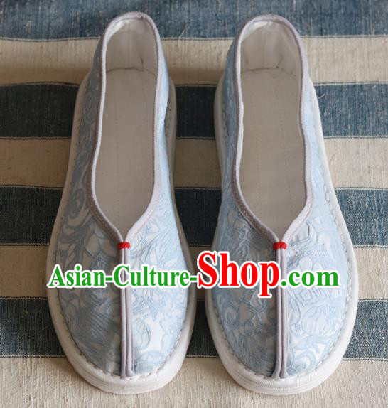 China National Woman Folk Dance Shoes Handmade Jacquard Blue Cloth Shoes