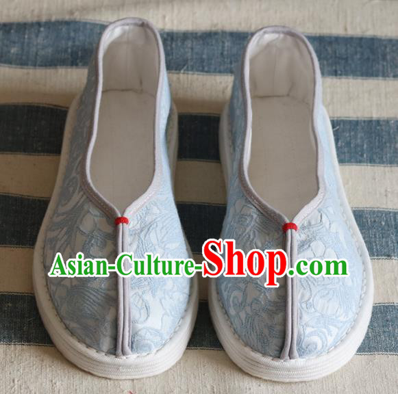 China National Woman Folk Dance Shoes Handmade Jacquard Blue Cloth Shoes